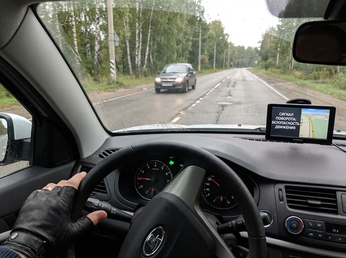 Вид из салона - рука водителя включает указатель поворота